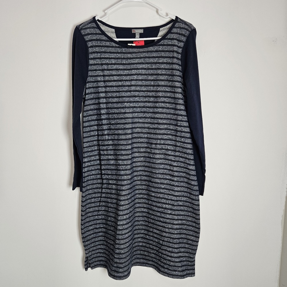 T by Talbots Shift Dress Sz‎ PETITE L Blue Gray Striped Athleisure Stretch NEW